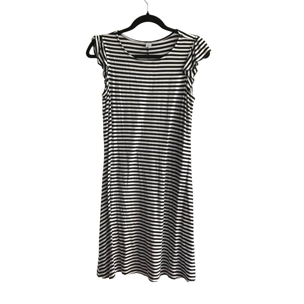 OLD NAVY- WOMENS STRIPE WHITE/BLACK FLOWY SHORT RAFFLE SLEEVE DRESS SIZE MEDIUM